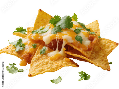 Obraz na płótnie Isolated delicious cheesy nachos with melted cheese and fresh cilantro, savory s