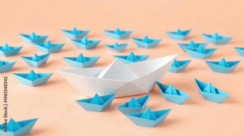 Obraz premium Paper boats scattered across peach surface. White boat stands out, suggesting leadership or uniqueness. Minimalist composition.