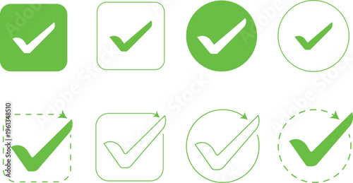 Check Mark Icon Set – Green Tick Symbols Collection for UI UX, Approval, Success and Verification