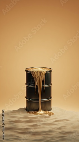 Black Oil Barrel in Desert with Dripping Crude Resource Scarcity Energy Concept
