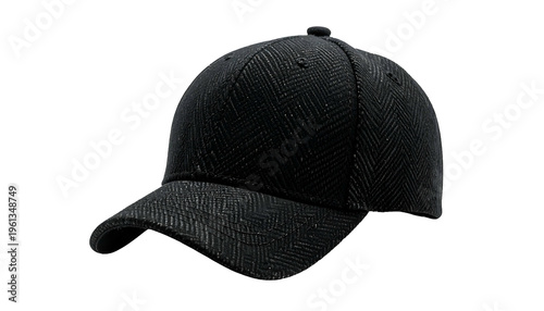 A black baseball cap with a textured pattern and a curved visor, isolated on black