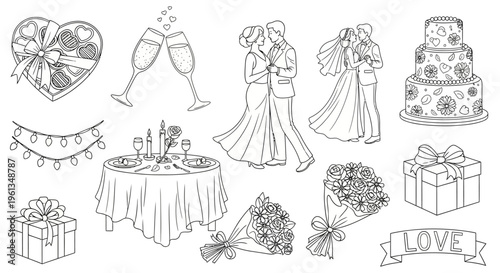 Wedding celebration outline illustrations with happy couple, cake, rings, and festive dinner table on isolated white background.