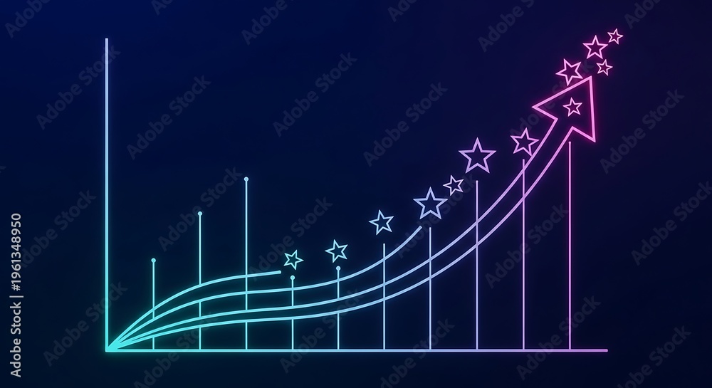 Naklejka premium Neon-lit graph showing upward trend, stars at the peak