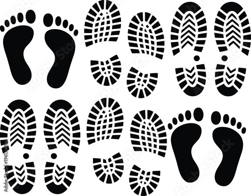 Assorted black and white footprints and shoe prints pattern collection