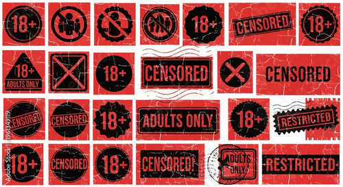 Collection of various adult content warning and censorship rubber stamps with grunge texture on red background.