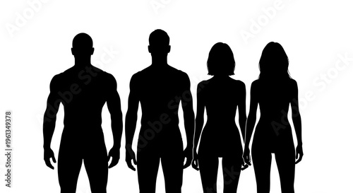 Silhouettes of Two Men and Two Women Standing Together on Isolated White Background, Diverse Group of People Outline