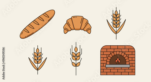 flat illustration of bread and bakery icons with wheat