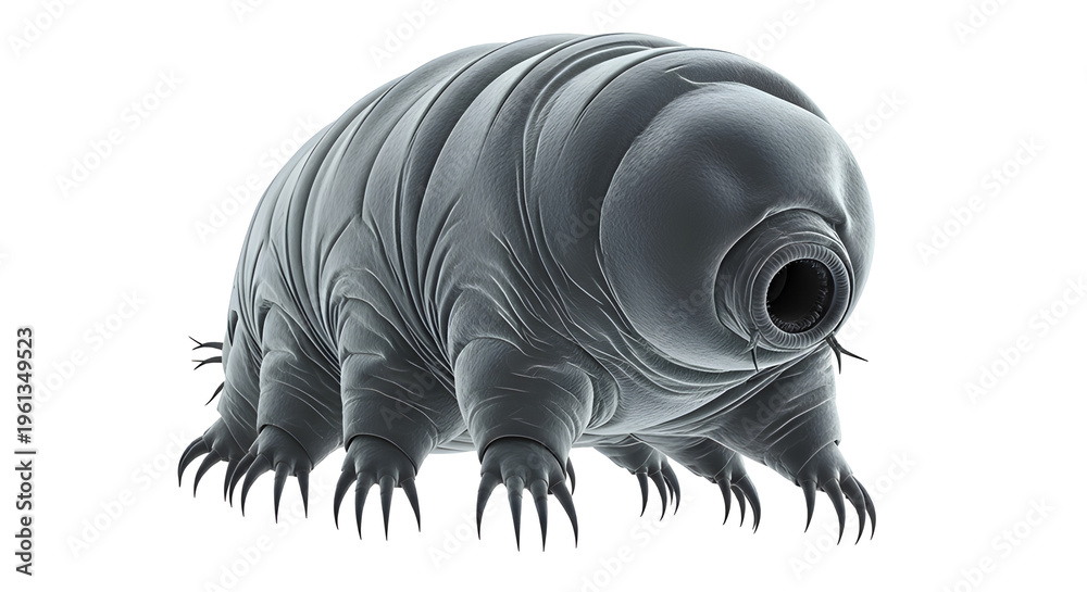 Fototapeta premium Tardigrade with segmented body and claws, highly detailed microscopic-style image. Isolated on White background