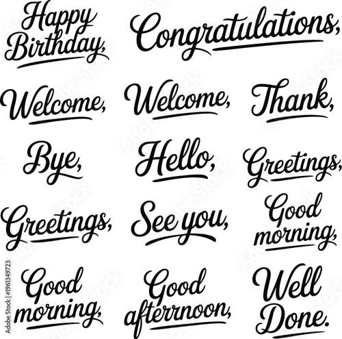 Collection Of Black Calligraphy Words And Phrases For Greetings And Messages 