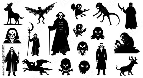 Spooky Halloween Monsters and Creatures Silhouette Set, Vampire, Werewolf, Zombie, Dragon, Skull, isolated white background