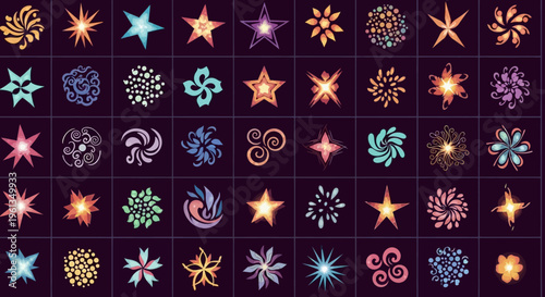 Grid of diverse colorful abstract star and snowflake-like decorative shapes on a dark background, creating a whimsical and festive pattern for various design applications.