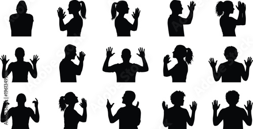 Black silhouette collection of men and women praying shouting and expressing emotions for spiritual faith mental health awareness and professional human vector illustrations