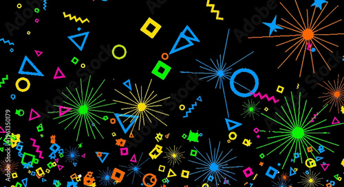 Dynamic abstract pattern of colorful geometric shapes and stylized fireworks exploding on a solid black background, creating a vibrant and energetic celebration design.