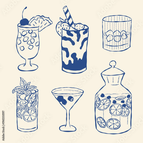 Sketch style drinks: mojito, daiquiri, whiskey on rocks, gin tonic, martini