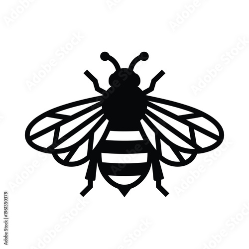 A stylized black and white illustration of a bee with detailed wings and striped body