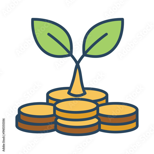 A sprouting plant growing from a stack of gold coins symbolizing growth and financial success