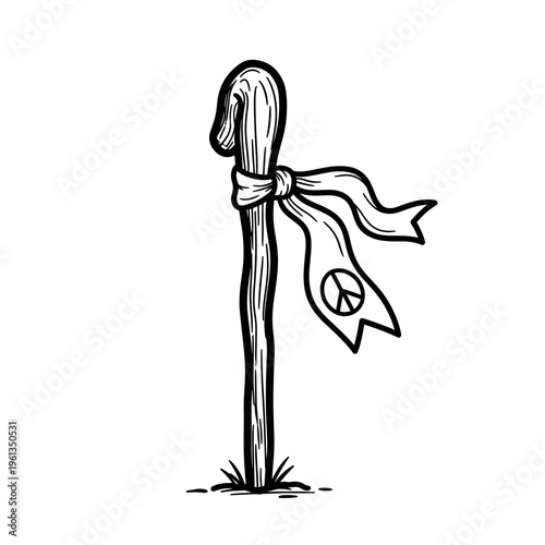 Peace symbol concept tied cloth on wooden stick anti war protest activism social message sketch vector illustration