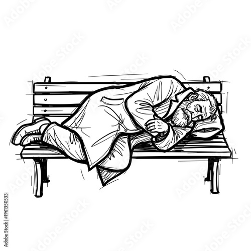 Homelessness concept man sleeping on bench poverty urban life crisis social inequality sketch vector illustration