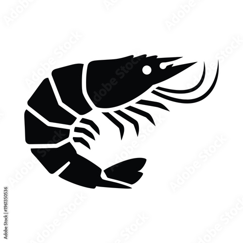 Black and white illustration of a shrimp with detailed body and claws