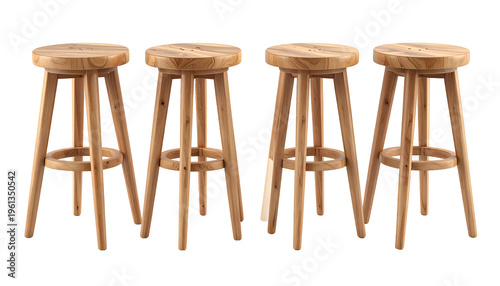 Four light wood bar stools with round seats against a black background