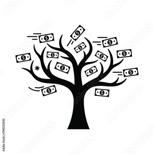 A tree with floating money bills representing wealth growth and financial prosperity