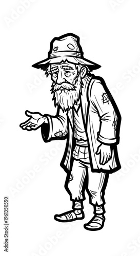 Poverty concept homeless beggar asking for help social inequality hardship sketch vector illustration