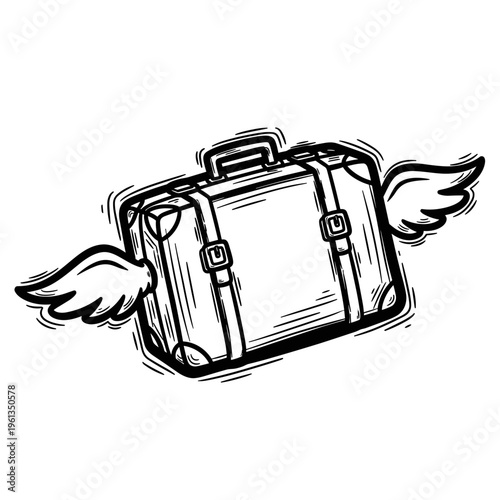Migration concept flying suitcase relocation travel freedom displacement refugee movement sketch vector illustration