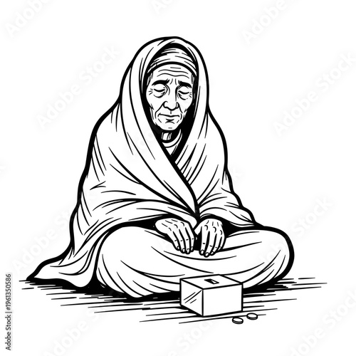 Poverty concept elderly woman begging for help donation box social inequality hardship sketch vector illustration