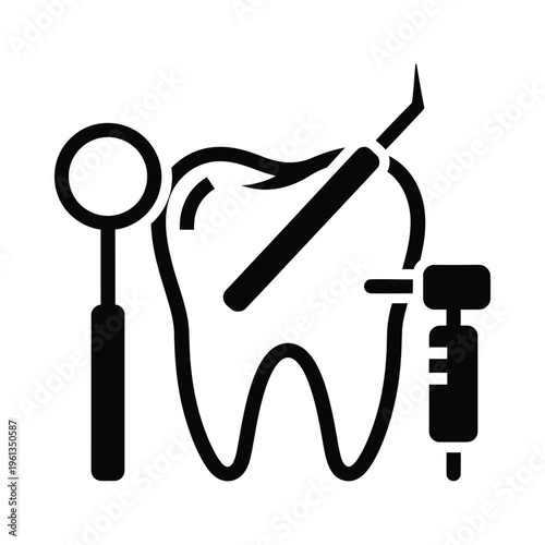 Dental tools and a tooth illustration for dental care procedures