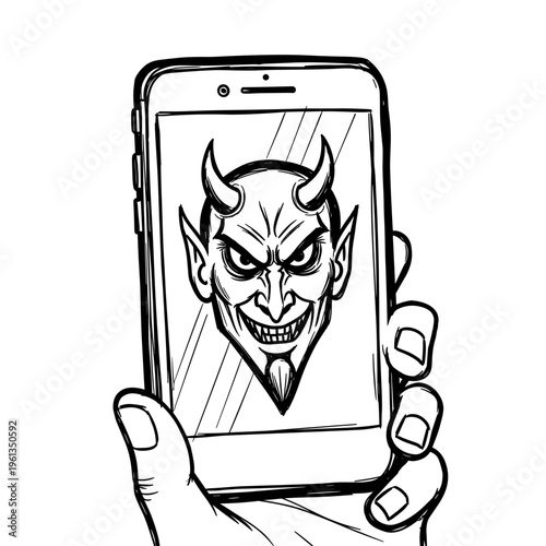 Cyberbullying concept smartphone with evil face online harassment digital threat internet danger vector illustration