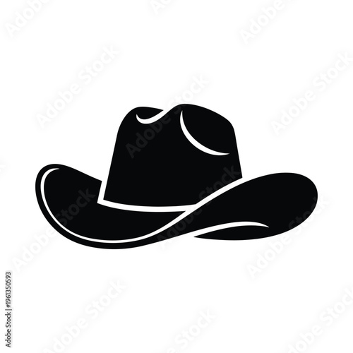 Classic black silhouette of a cowboy hat with a wide brim and curled edges