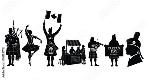 Silhouette illustration of scottish and canadian cultural figures celebrating tartan day