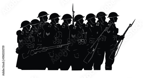 Silhouette of a line of soldiers possibly from world war one or two