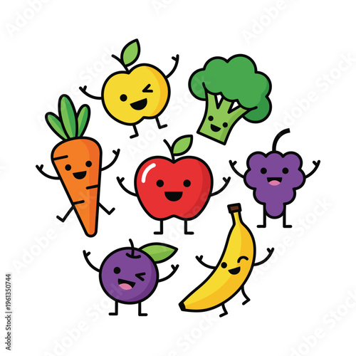 Cheerful cartoon vegetables and fruits forming a happy circle together