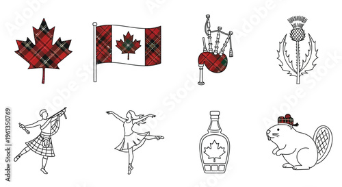 Illustrations of canadian and scottish cultural symbols including flags music and wildlife