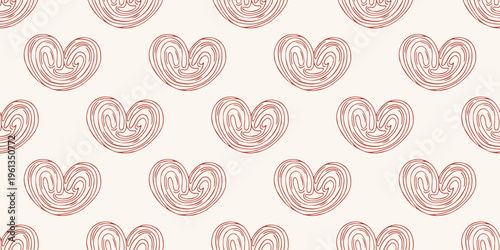 Seamless pattern of puff pastry palmier cookies, red line art style. Vector illustration for bakery, cafe menu and sweet packaging design. Minimalist hand drawn food background isolated on beige