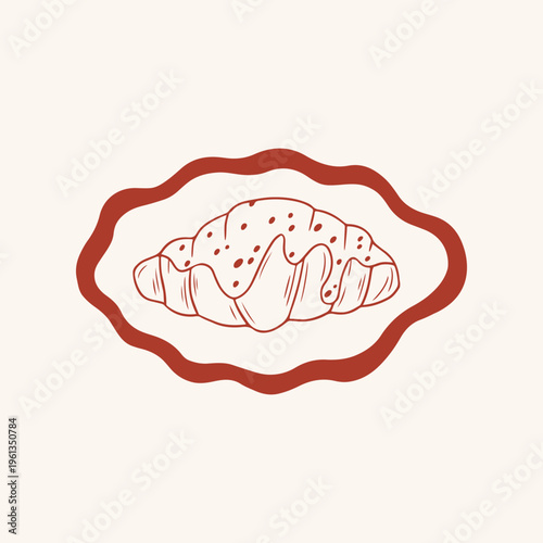Top view of a glazed croissant with chocolate sprinkles in a decorative frame or plate. Red line vector illustration for bakery, cafe menu and food design. Minimalist hand drawn pastry icon on beige
