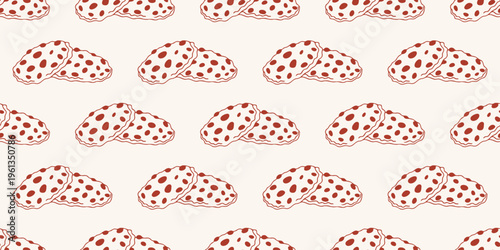 Seamless pattern with chocolate chip oatmeal cookies in red line art style. Vector background for bakery, cafe menu and dessert design. Minimalist hand drawn pastry wallpaper isolated on beige