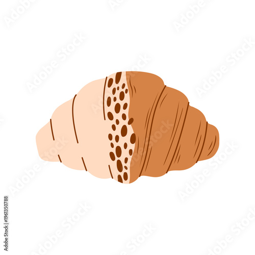 Vector illustration of a glazed croissant with chocolate sprinkles. Hand drawn style icon for bakery menu and cafe branding. Minimalist colorful flat design. Isolated on white background.
