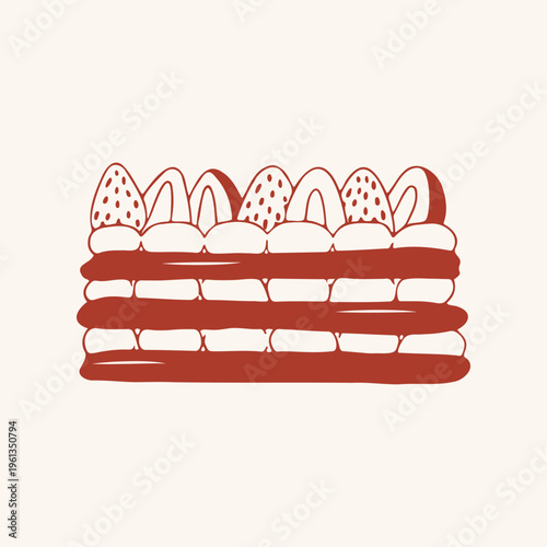 Mille feuille dessert with puff pastry, cream layers, strawberries, red line style. Vector illustration for bakery, cafe, sweet dessert design. Minimalist hand drawn french pastry isolated on beige