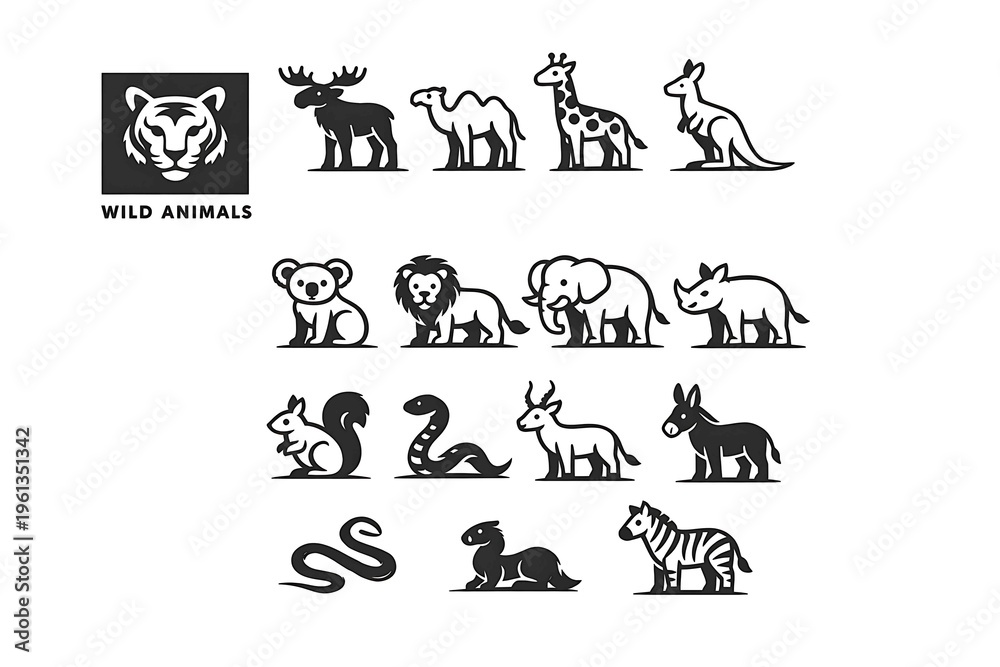 Fototapeta premium Cute vector animal icon set featuring cats, dogs, lions, bears, elephants and other animals in a simple black silhouette style collection