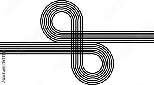 Black and white geometric infinity symbol with concentric loops and parallel lines