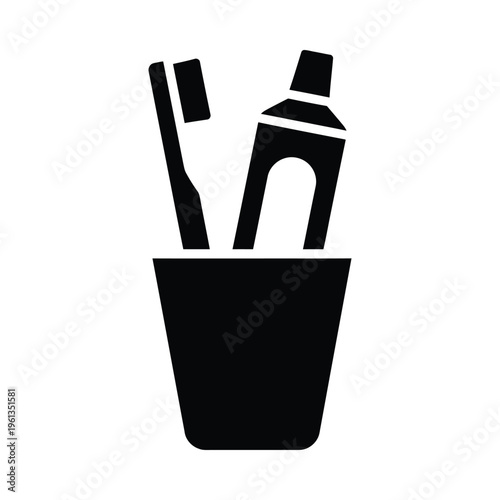 A black and white illustration of a toothbrush and toothpaste in a container