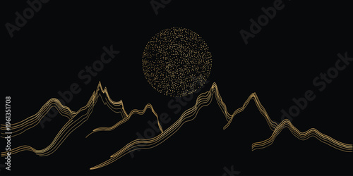 Mountain Landscape Vector Background with Gold Dot Line Art, Wavy Curves and Sun Elements, Modern Minimal Wallpaper Design for Print, Wall Art, Interior Decor and Creative Cover Layout