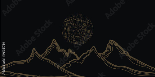 Mountain Landscape Vector Background with Gold Dot Line Art, Wavy Curves and Sun Elements, Modern Minimal Wallpaper Design for Print, Wall Art, Interior Decor and Creative Cover Layout