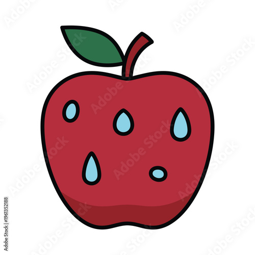 A colorful cartoon apple with water droplets and a green leaf on top