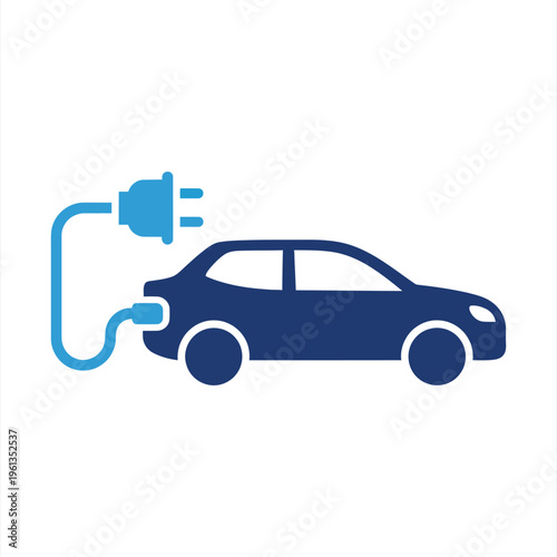 A side view illustration shows an electric vehicle being recharged by a blue charging plug connected to its rear port.