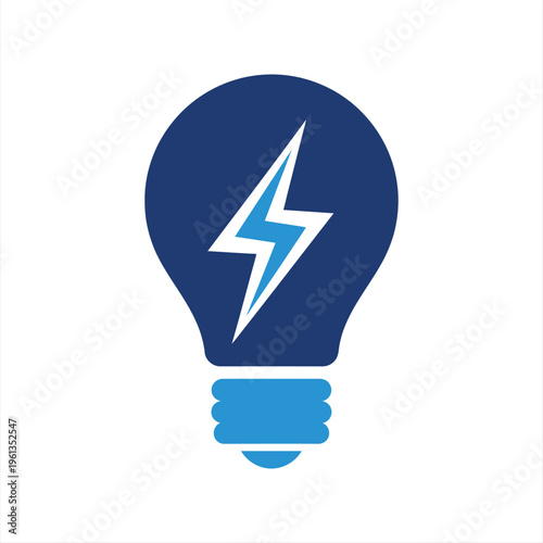 A blue light bulb illustration contains a bright blue and white lightning symbol inside the glass shape representing an innovative idea or electric power.