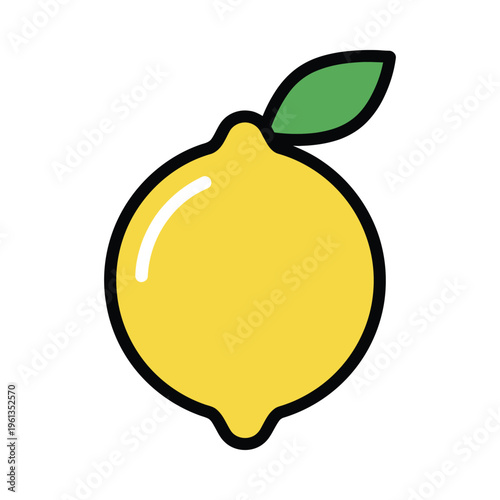 A simple illustration of a bright yellow lemon with a green leaf on top