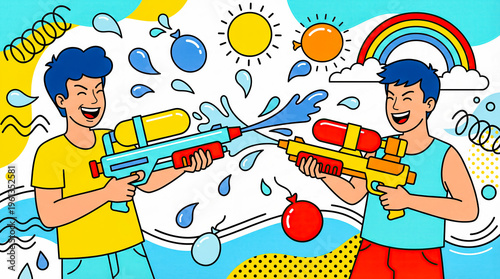 Friends water pistol fight summer outdoor fun pop art cartoon bright illustration concept of playful water game joy youth